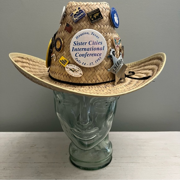 Vintage Woven Straw Cowboy Hat Covered in Vintage Pin Backs Buttons One Size